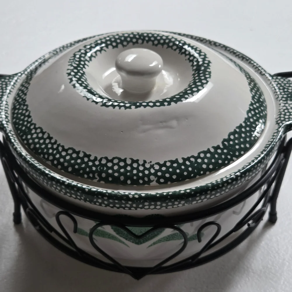 Vintage Green & White Heavy Farmhouse Style Heart Ceramic Casserole w/ Stand